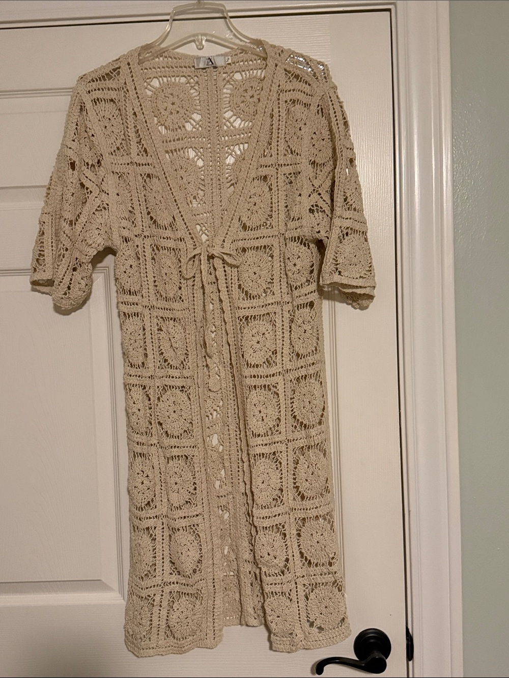Beige Crochet Open-Knit Tie-Front Duster Coat